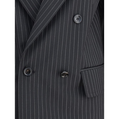 Close-up of Max Mara Black Fleece Wool Blazer with striped pattern, featuring peaked lapels and a double-breasted button closure.