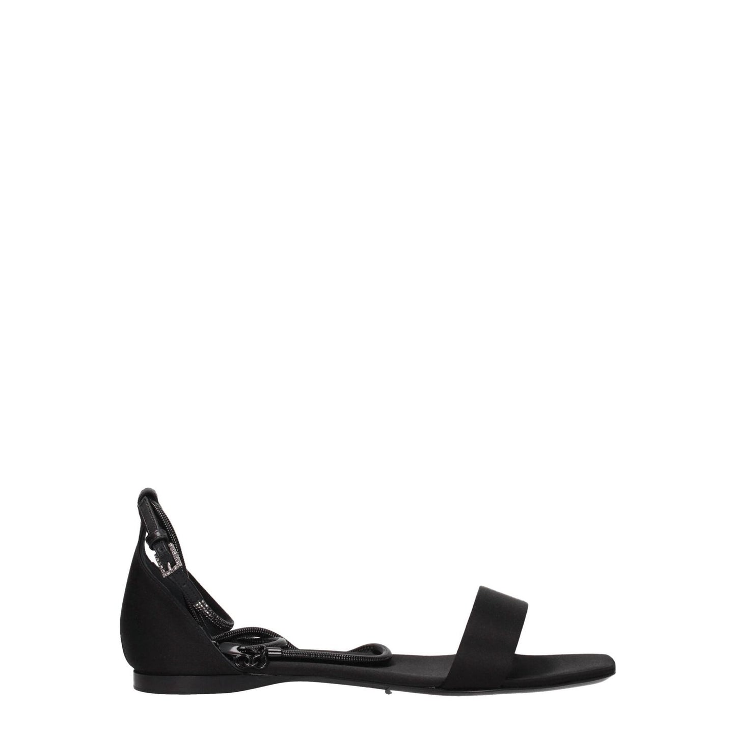 Max Mara Black Satin Flat Sandals with buckle closure and leather sole, featuring an open toe and low heel design.