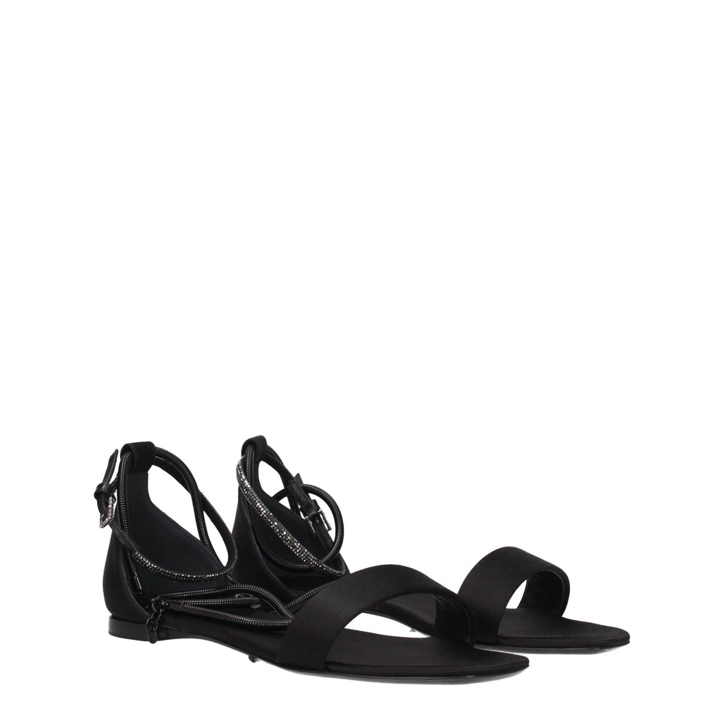 Max Mara Black Satin Flat Sandals with buckle closure and leather sole, featuring open toe and low heel. MPN: ELI23452123316001