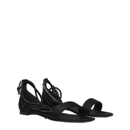 Max Mara Black Satin Flat Sandals with buckle closure and leather sole, featuring open toe and low heel. MPN: ELI23452123316001