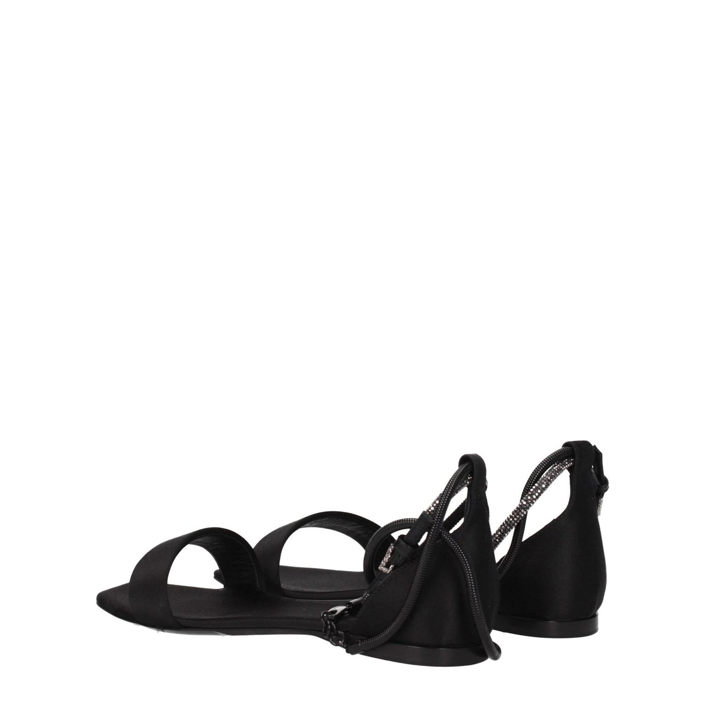 Max Mara Black Satin Flat Sandals with buckle closure, open toe design, and low heel, viewed from the side showing the leather sole.
