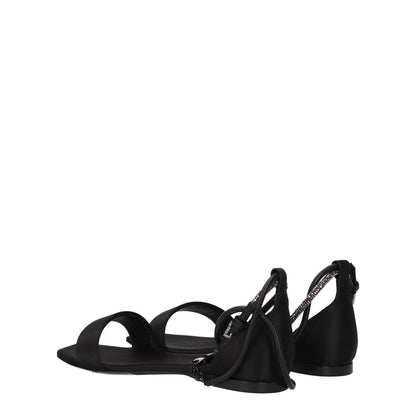 Max Mara Black Satin Flat Sandals with buckle closure, open toe design, and low heel, viewed from the side showing the leather sole.