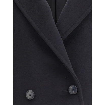 Close-up of Max Mara Black Wool Coat showing double-breasted buttons and lapel collar, highlighting classic and timeless design.