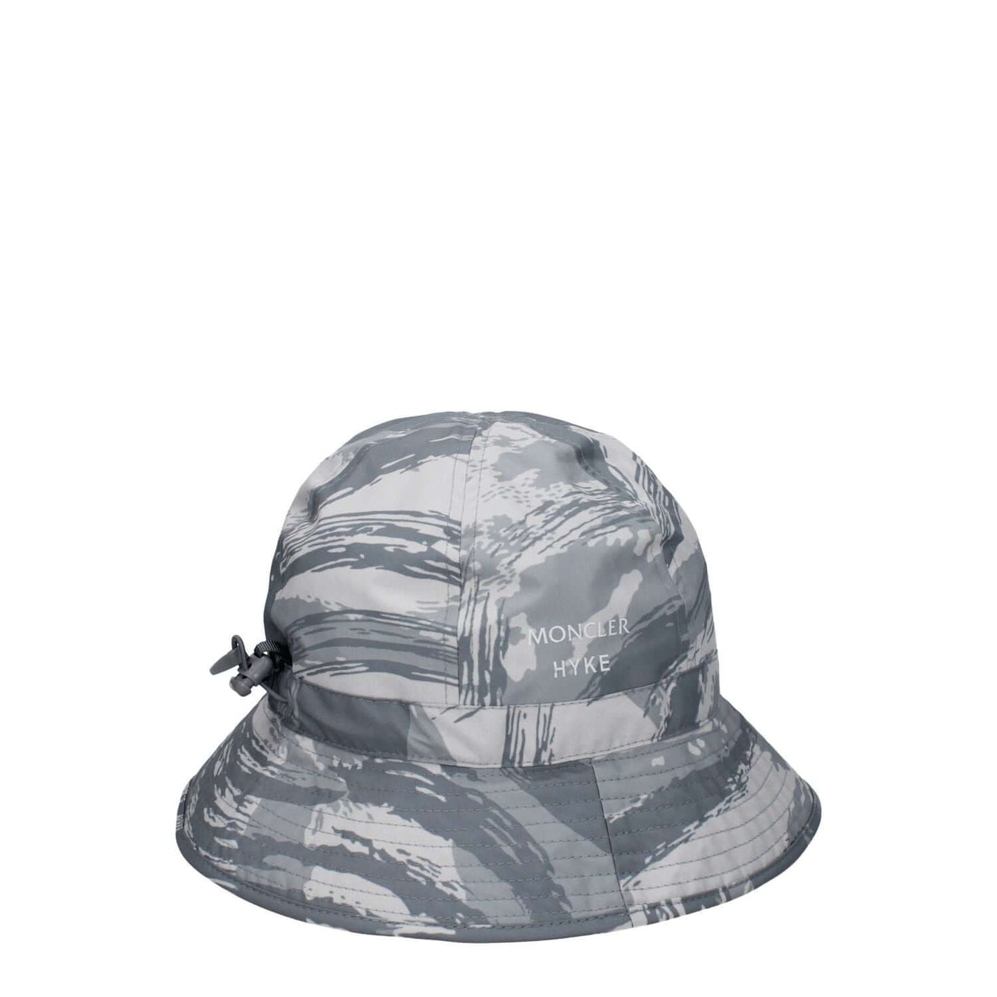 Moncler Gray Polyester Bucket Hat with logo and drawstring closure, 100% polyester, sporty glam style.