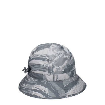 Moncler Gray Polyester Bucket Hat with logo and drawstring closure, 100% polyester, sporty glam style.