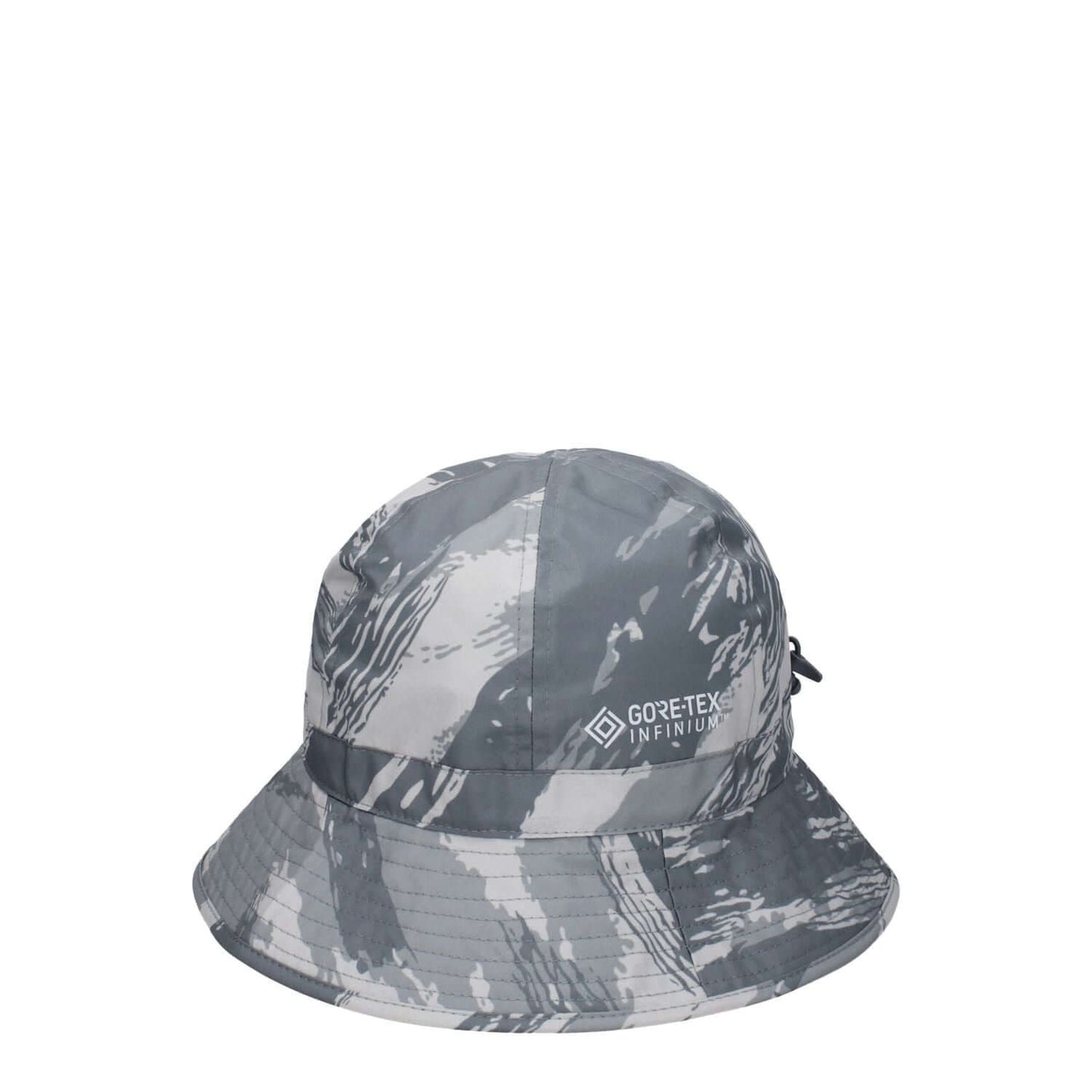 Moncler Gray Polyester Bucket Hat with sporty glam style and drawstring closure, featuring a front logo, made of 100% polyester.