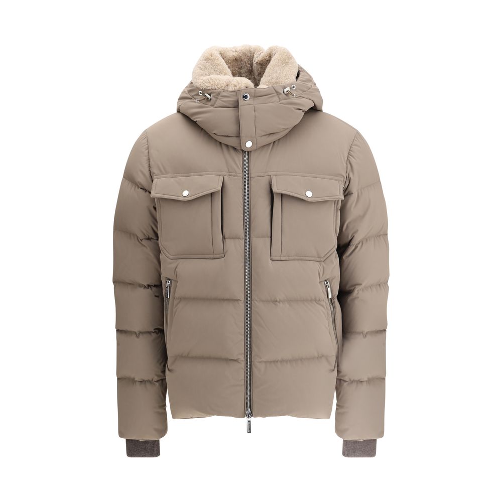 MooRER Beige Alarick Padded Down Jacket with shearling fur collar, removable hood, and chest pockets for warmth and style.