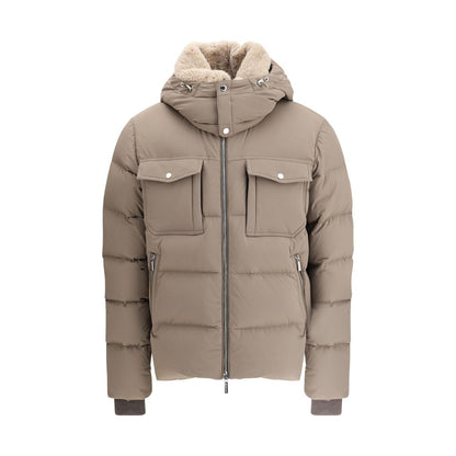 MooRER Beige Alarick Padded Down Jacket with shearling fur collar, removable hood, and chest pockets for warmth and style.