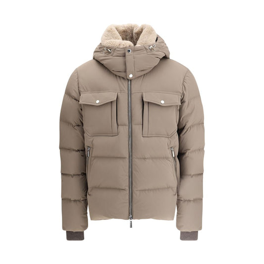 MooRER Beige Alarick Padded Down Jacket with shearling fur collar, removable hood, and chest pockets for warmth and style.