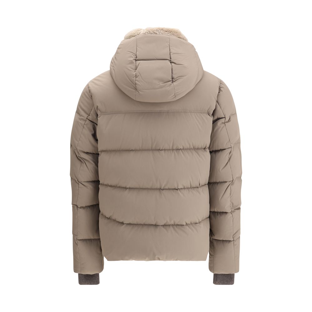 Back view of MooRER Beige Alarick Padded Down Jacket with removable hood and shearling fur collar detail.