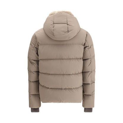 Back view of MooRER Beige Alarick Padded Down Jacket with removable hood and shearling fur collar detail.