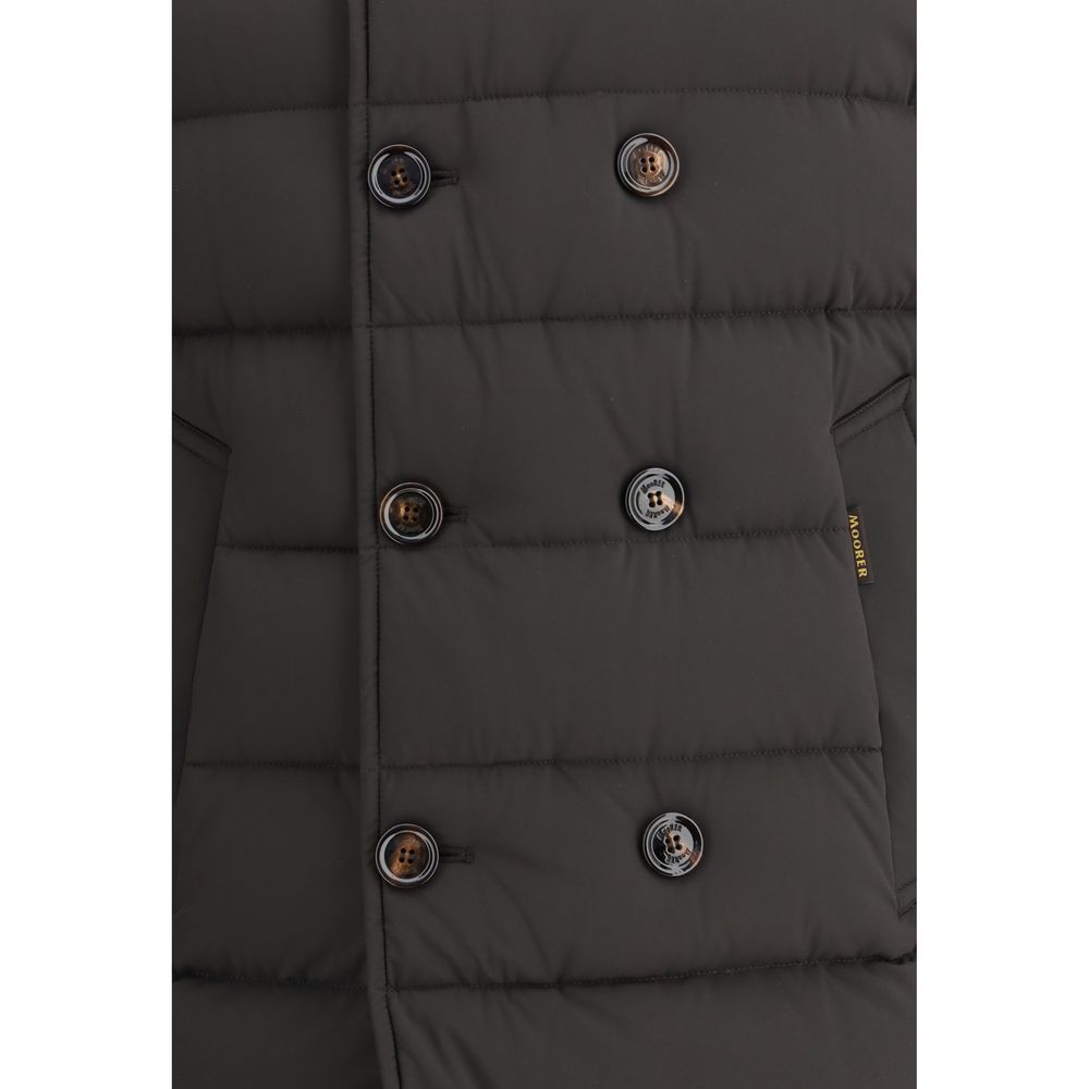 MooRER Black Polyamide Coat with double-breasted button design for warmth and style, featuring quilted texture and durable fabric.