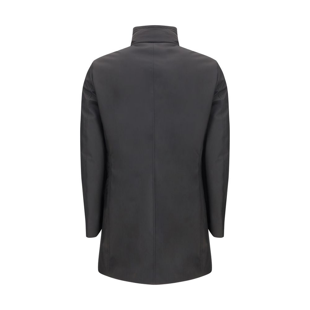 Back view of MooRER Black Polyester Coat with stand-up collar and sleek design.