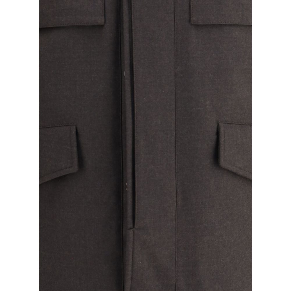 Close-up of MooRER Brown Fleece Wool Coat showcasing pocket details and front closure.