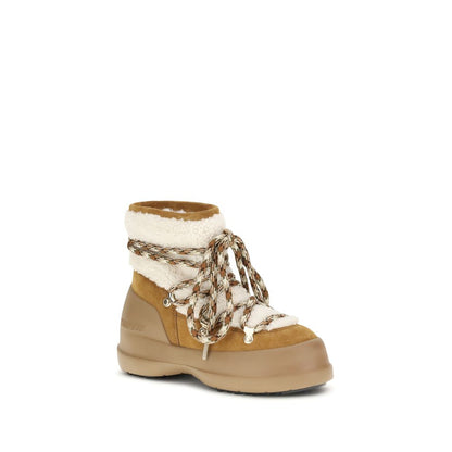 Moon Boot Beige Leather Ankle Boots with shearling and crossover laces, EV lightweight midsole, non-slip tread for AW25 season.