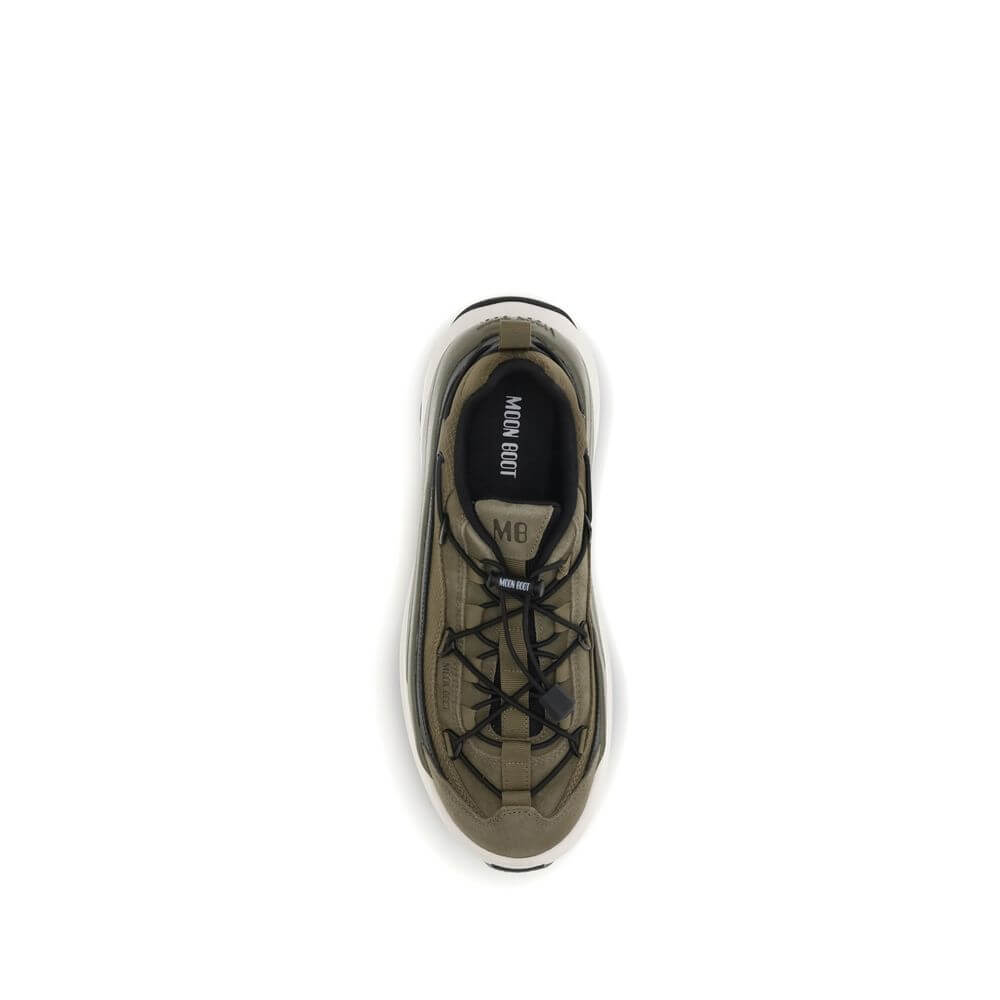 Top view of Moon Boot Bicolor Polyester Athletic Sneakers with crisscrossing laces and embossed logo on the outsole.
