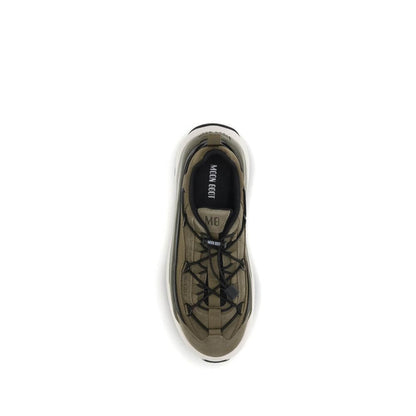 Top view of Moon Boot Bicolor Polyester Athletic Sneakers with crisscrossing laces and embossed logo on the outsole.