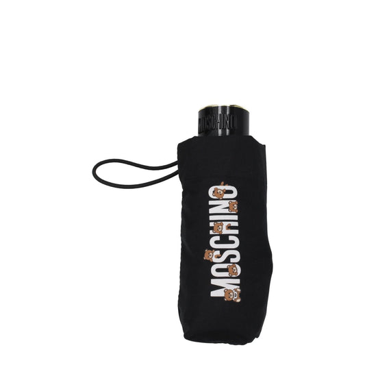 Moschino Black Polyester Umbrella with front logo and snap closure in cover, made of durable polyester. MPN 8432SUPERMINIA.