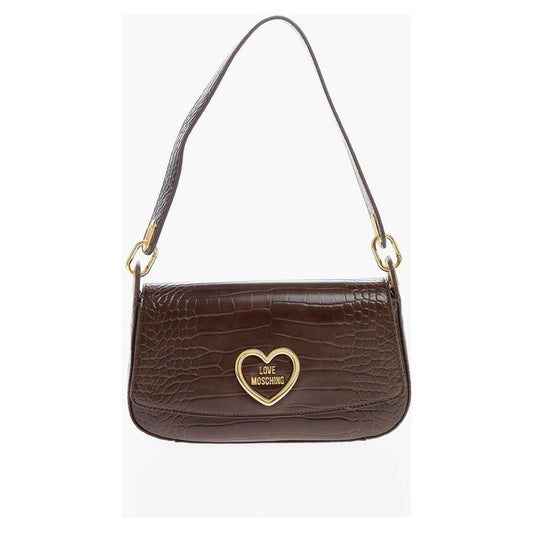 Moschino Moschino LOVE Crocodile Effect Faux Leather Shoulder Bag with Golden MOP557702GD 1728,74866327712,Bags,Brown,Moschino,New with tags,Shoulder Bags - Women - Bags,Women,Women - Bags