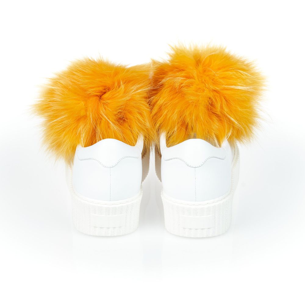 Mr&Mrs Italy White Textile Women Sneaker With Real Fur Pom Poms