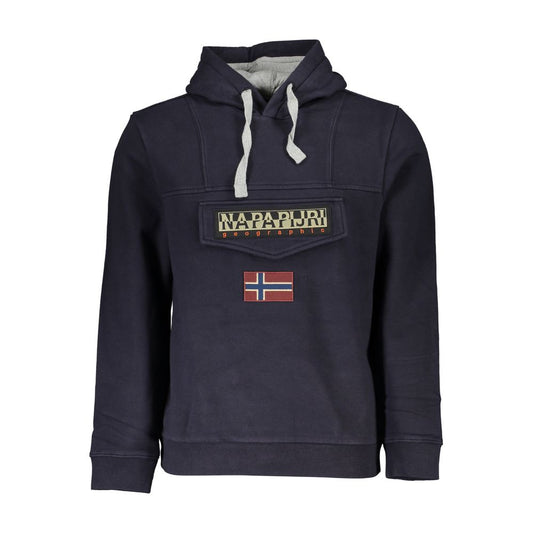 Napapijri Blue Cotton Sweater with hood, half zip, fleece, chest pocket, embroidery, logo, contrast details, regular fit long-sleeved.