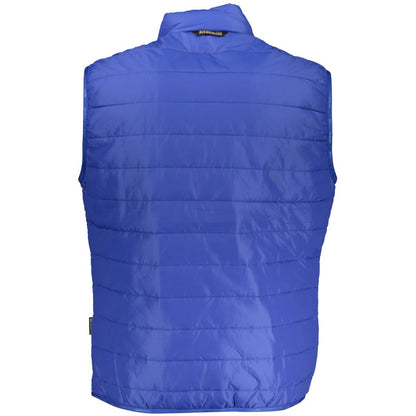 Napapijri Blue Polyester Men Jacket, sleeveless with zip front and pockets, showcasing iconic logo on durable polyester blend.
