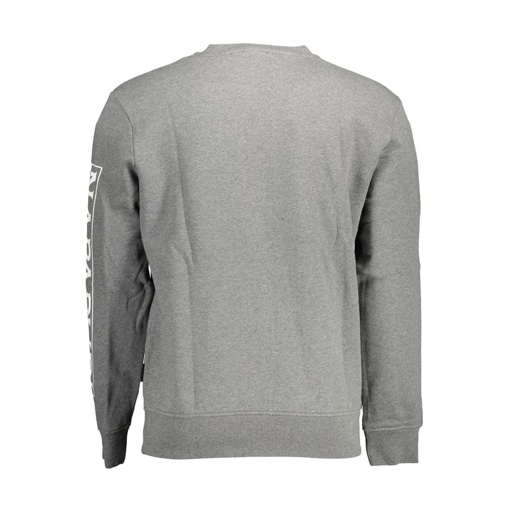 Back view of Napapijri Gray Cotton Men Sweater with long sleeves, crew neck, and iconic logo detailing.