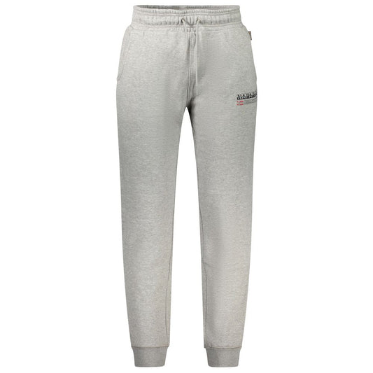 Napapijri Gray Cotton Pant with elastic waistband, fleece material, ankle cuffs, two pockets, and logo print on the side.