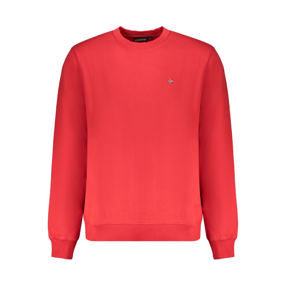 Napapijri Red Organic Cotton Men Sweater with long sleeves and crew neck, showcasing iconic logo and sustainable craftsmanship.