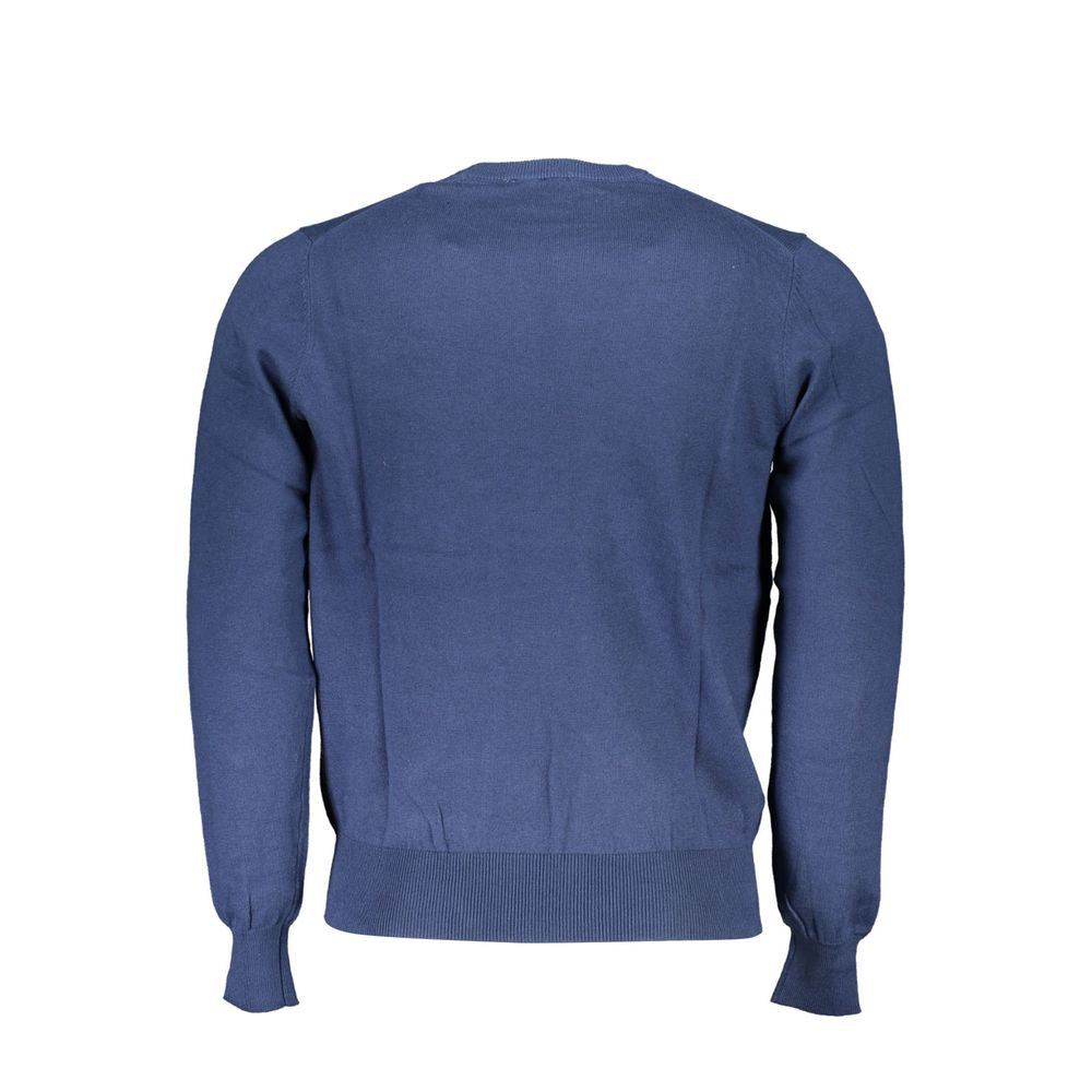 Rear view of North Sails Blue Fabric Sweater with long sleeves, crew neck, and embroidered logo, made from recycled fibers.
