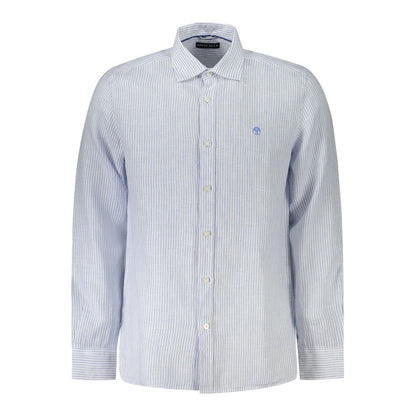 North Sails Blue Linen Shirt with stripes, French collar, and logo embroidery. Long sleeve, 1 button cuffs. Ocean Positive.