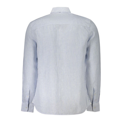 Back view of North Sails Blue Linen Shirt with long sleeves, French collar, and striped pattern.