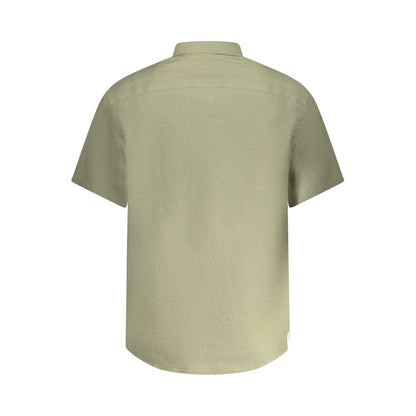 Back view of North Sails Green Linen Shirt with short sleeves and Italian collar, showcasing its embroidery and logo design.