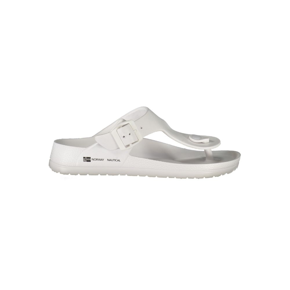 Norway 1963 White Plastic Women Sandal with adjustable buckle and bold print, embodying modern design and timeless elegance.