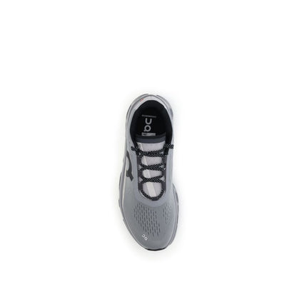 ON Gray Polyester Athletic Sneakers top view with lace-up closure and logo, featuring reinforced sole for cushioning and support.