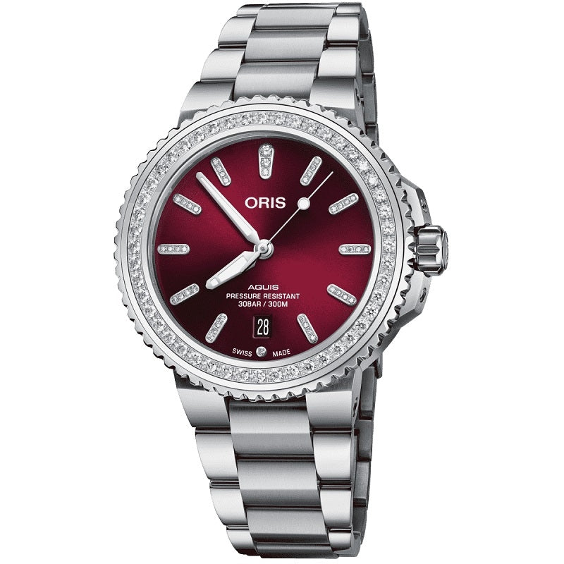 ORIS MOD. AQUIS DATE DIAMONDS wristwatch with stainless steel bracelet and red dial, 30 ATM water resistance, Swiss-made.