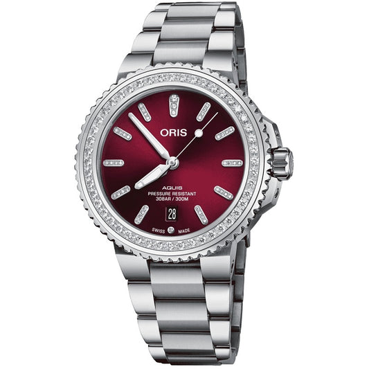 Luxury ORIS MOD. AQUIS DATE DIAMONDS wristwatch with stainless steel bracelet, red dial, and 30 ATM water resistance; Swiss made.
