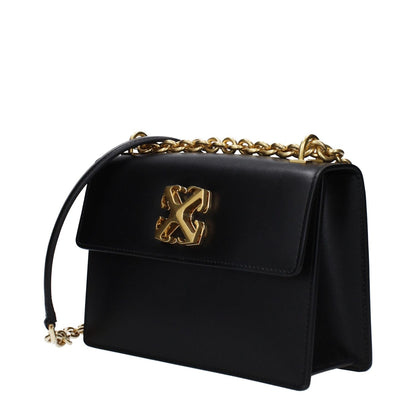 Off-White Black Leather Crossbody Bag with gold chain and logo, featuring vintage effect and turn lock closure, small casual size.