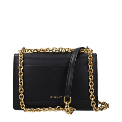 Off-White Black Leather Crossbody Bag with gold chain, small size, vintage effect, and turn lock closure