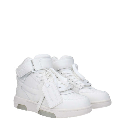 Off-White White Leather High Top Sneakers with strap closure, featuring side, front and back logos, designed for a casual style.
