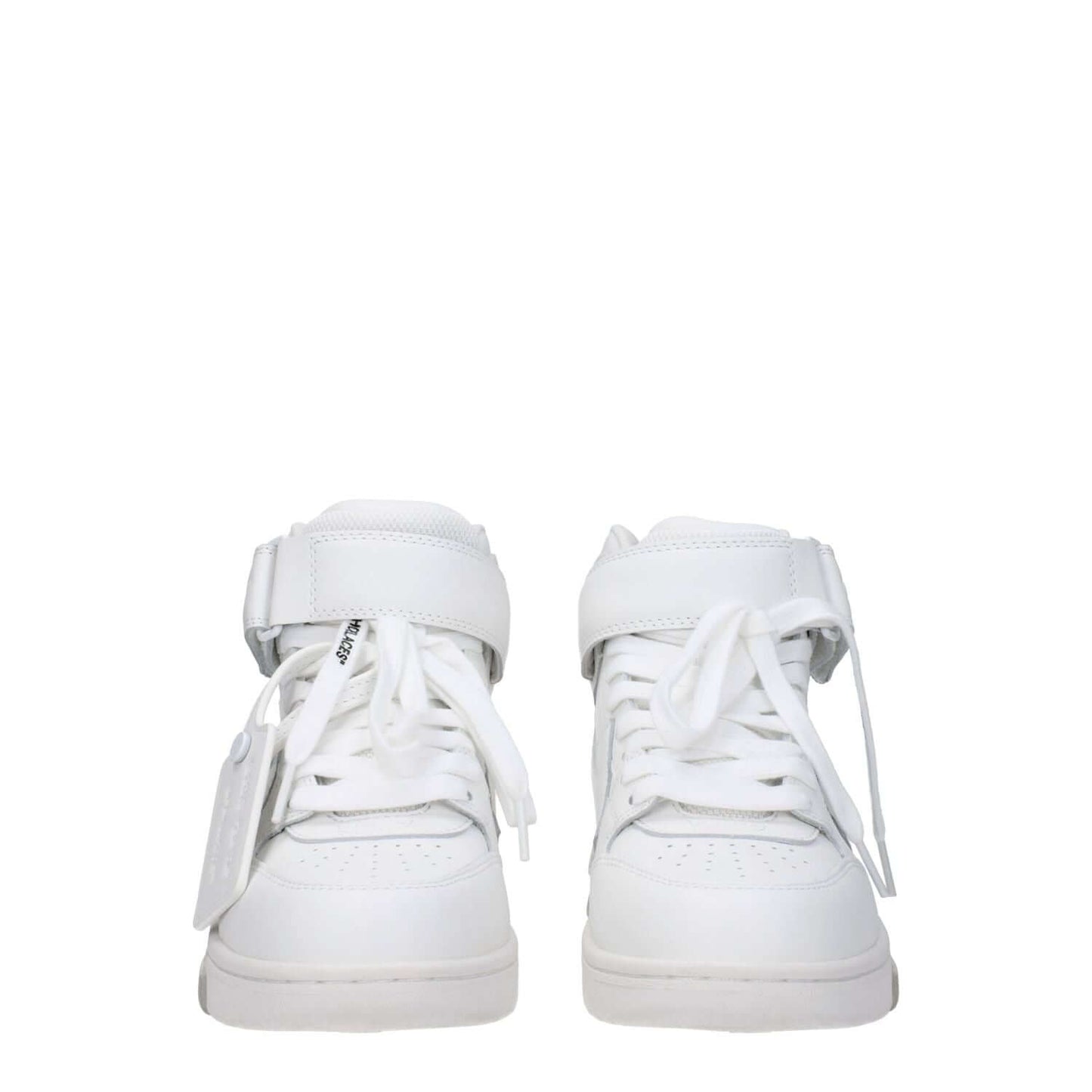 Off-White White Leather High Top Sneakers, front view with strap closure and logos, casual style for fashion-forward look.