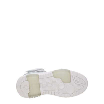 Sole view of Off-White White Leather High Top Sneakers featuring rubber sole and logo.