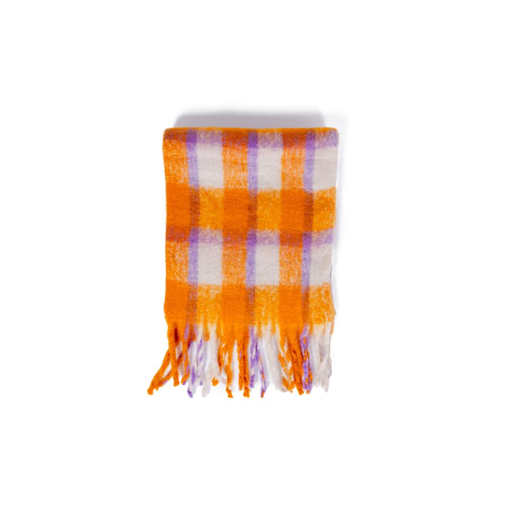 Only Orange Polyester Scarf in checkered design with fringe details, made of 50% recycled material for eco-friendly fashion.