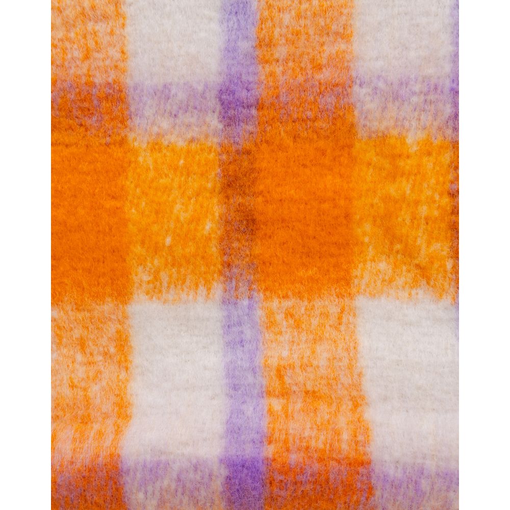 Close-up of Only Orange Polyester Scarf with checkered design, showcasing its vibrant orange, white, and purple hues for stylish wear.