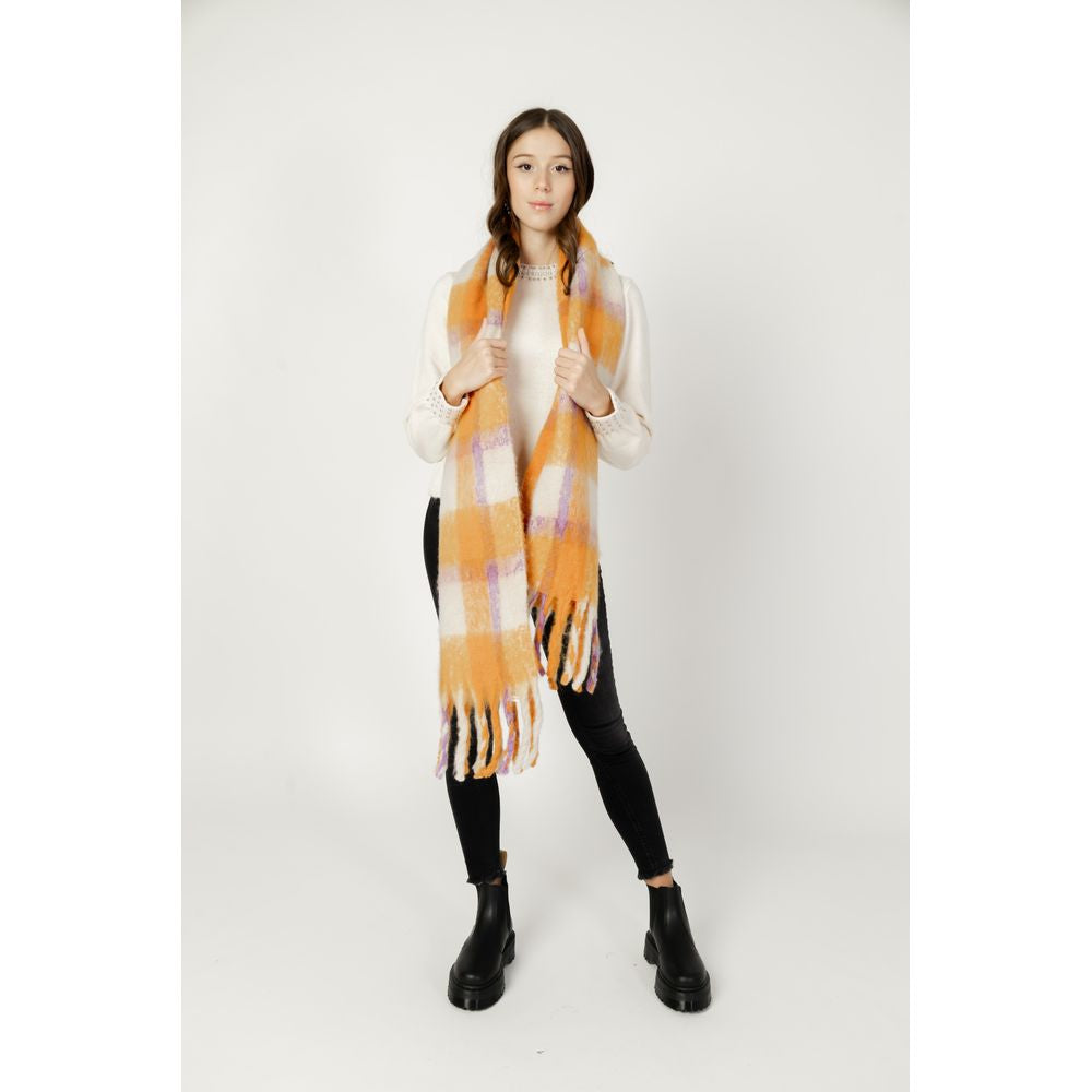 Woman wearing Only Orange Polyester Scarf with checkered design and fringes