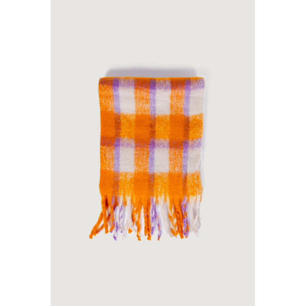 Only Orange Polyester Scarf with checkered design and fringes, eco-friendly fashion accessory for women, made from recycled materials.