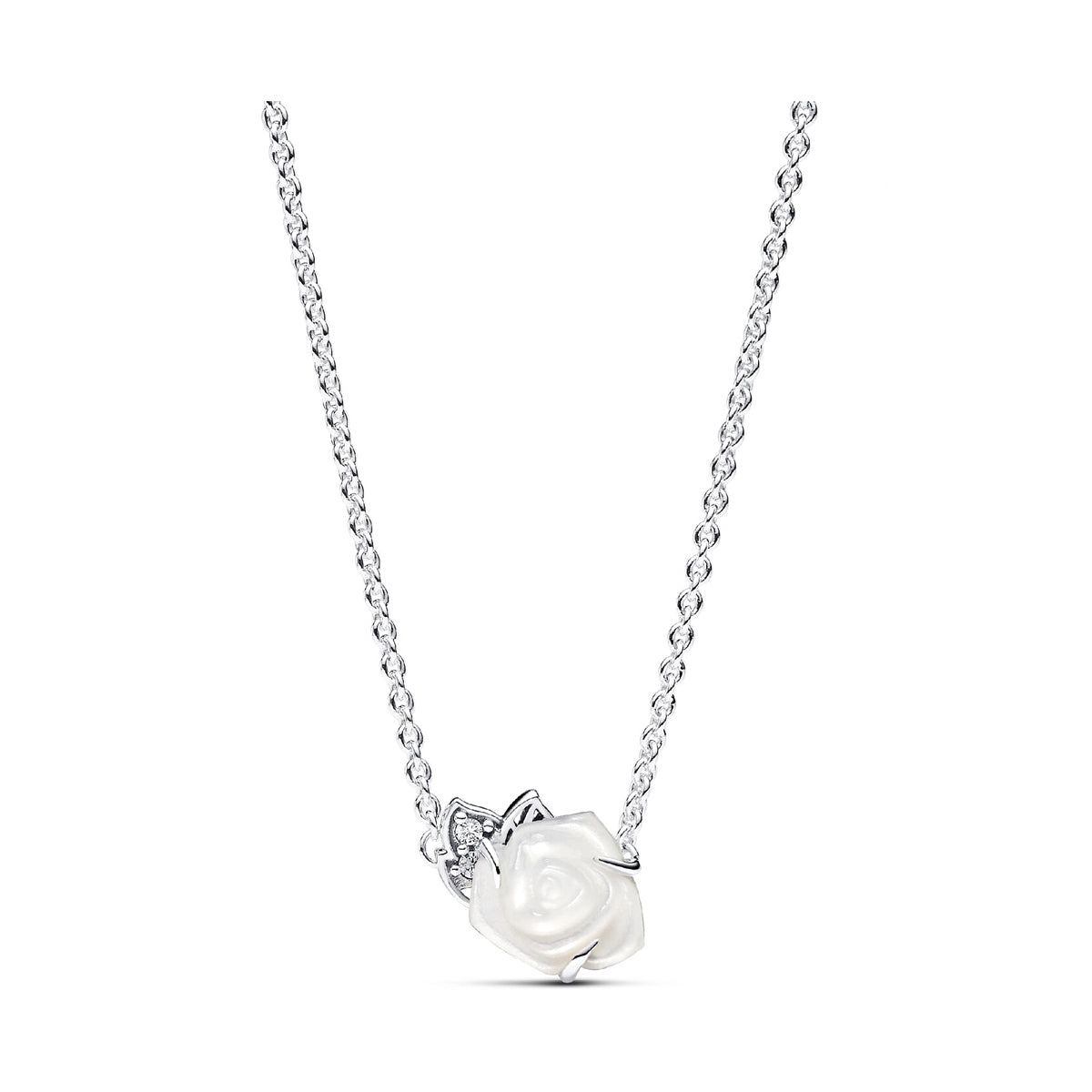 PANDORA JEWELRY Mod. 393206C01-45, elegant necklace featuring a rose pendant on a silver chain, ideal for gifting or personal wear.