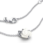 Close-up of PANDORA JEWELRY Mod. 393206C01-45 silver necklace with white rose charm.