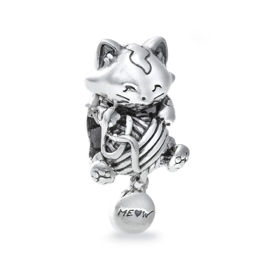 PANDORA Mod. 799535C00 silver cat charm with yarn ball design, crafted from Silver 925°, featuring 'ME♥W' engraving, ideal for lady's jewelry.