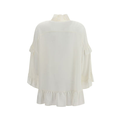 Back view of P.A.R.O.S.H. Cream Silk Blouse with ruffle details and bow closure, elegant design for AW25 season.